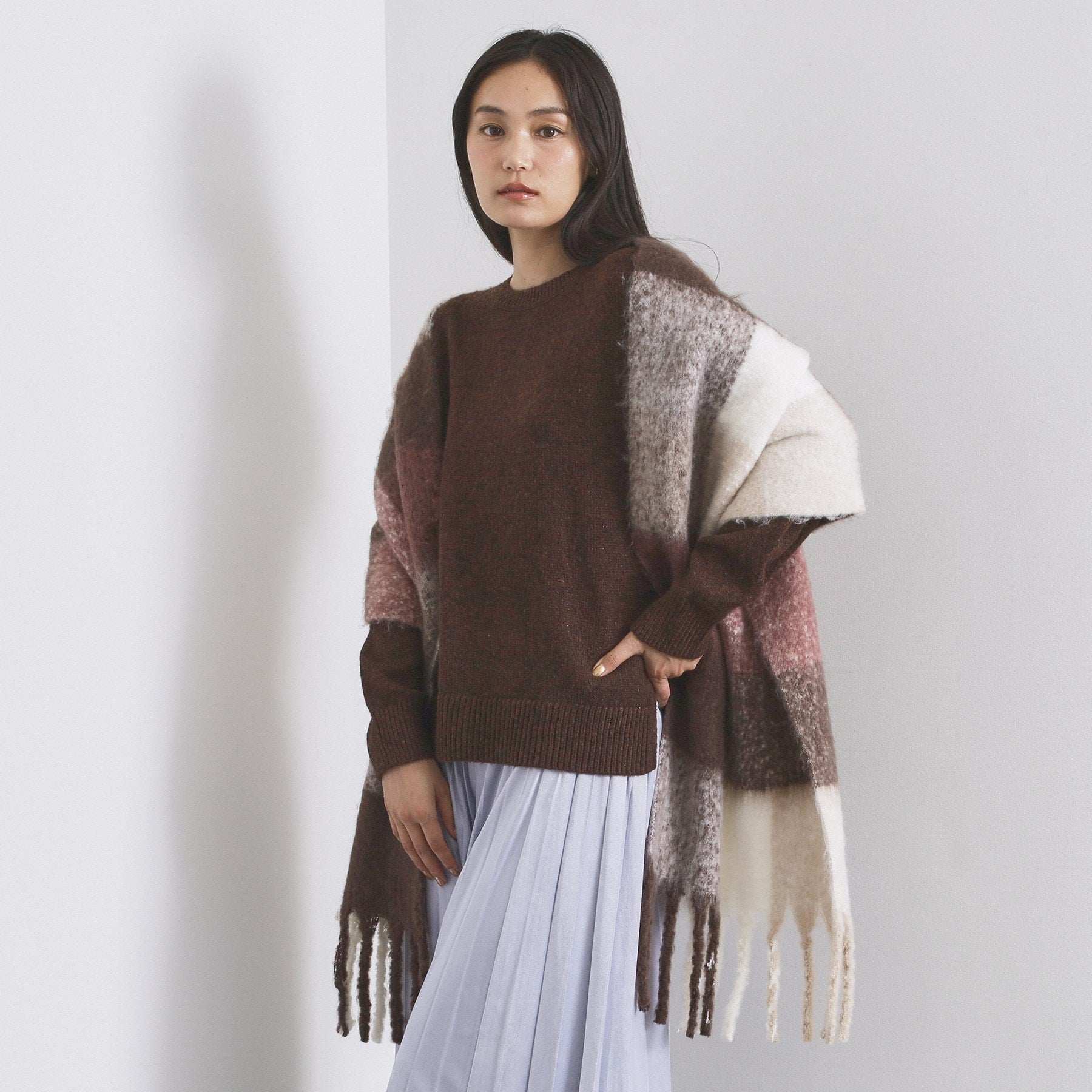 オペーク ドット クリップ OPAQUE.CLIP マルチカラーチェックボリュームストール （ブラウン(243)） ブラウン(243)