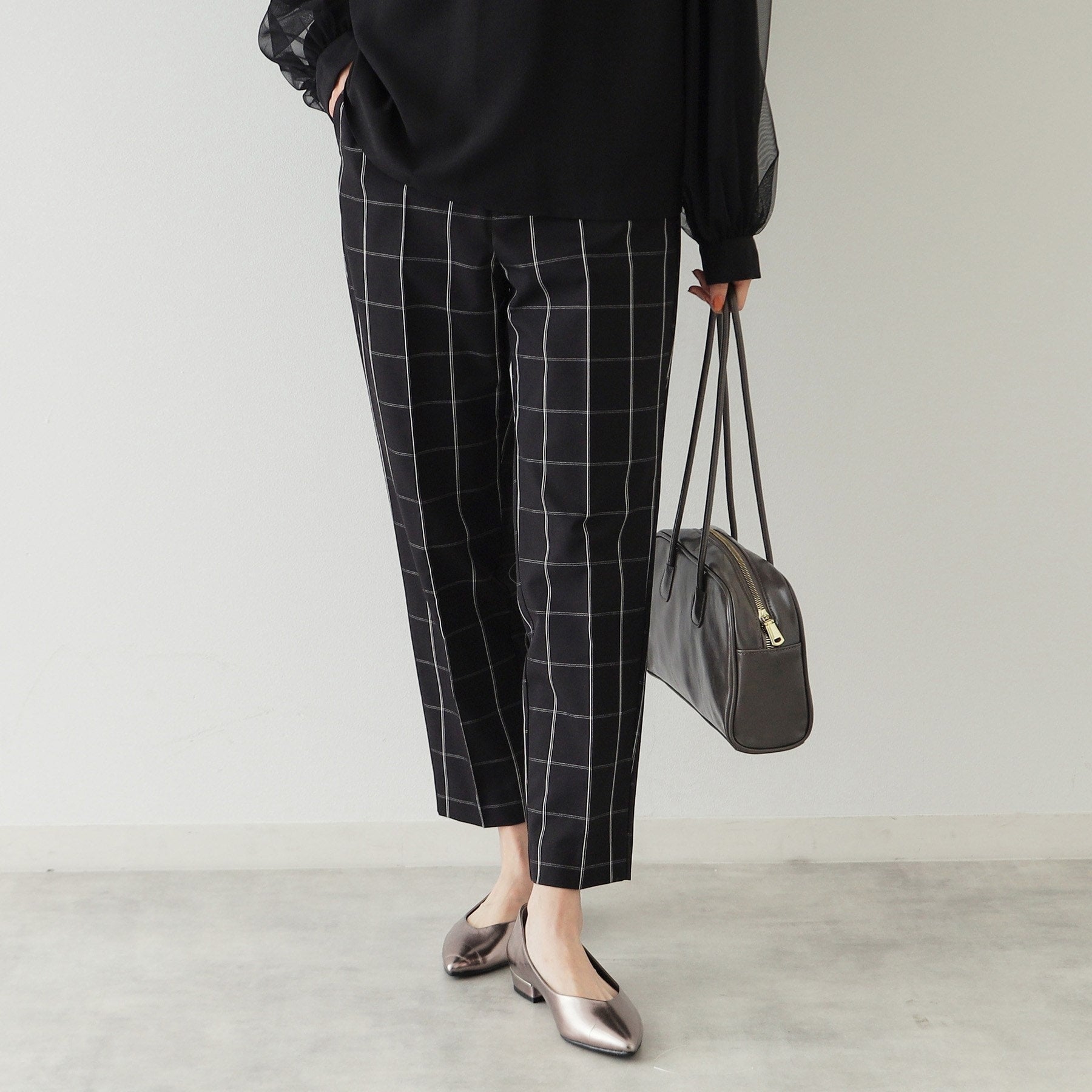 オペーク ドット クリップ OPAQUE.CLIP ウインドペンチェック テーパードパンツ【洗濯機洗い可】,ブラック(219)