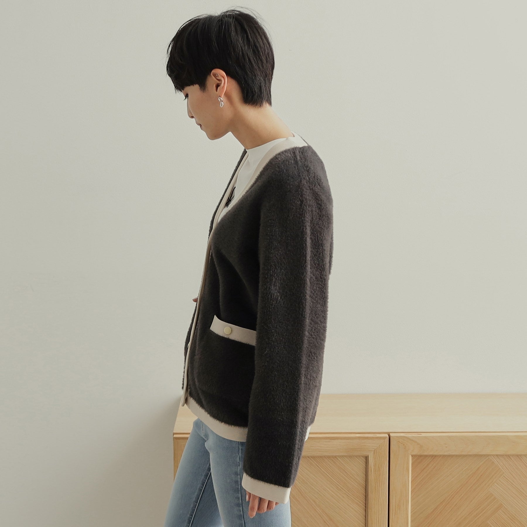 OPAQUE.CLIP OPAQUE.CLIP 羽毛紗配色V領開襟外套【可機洗】