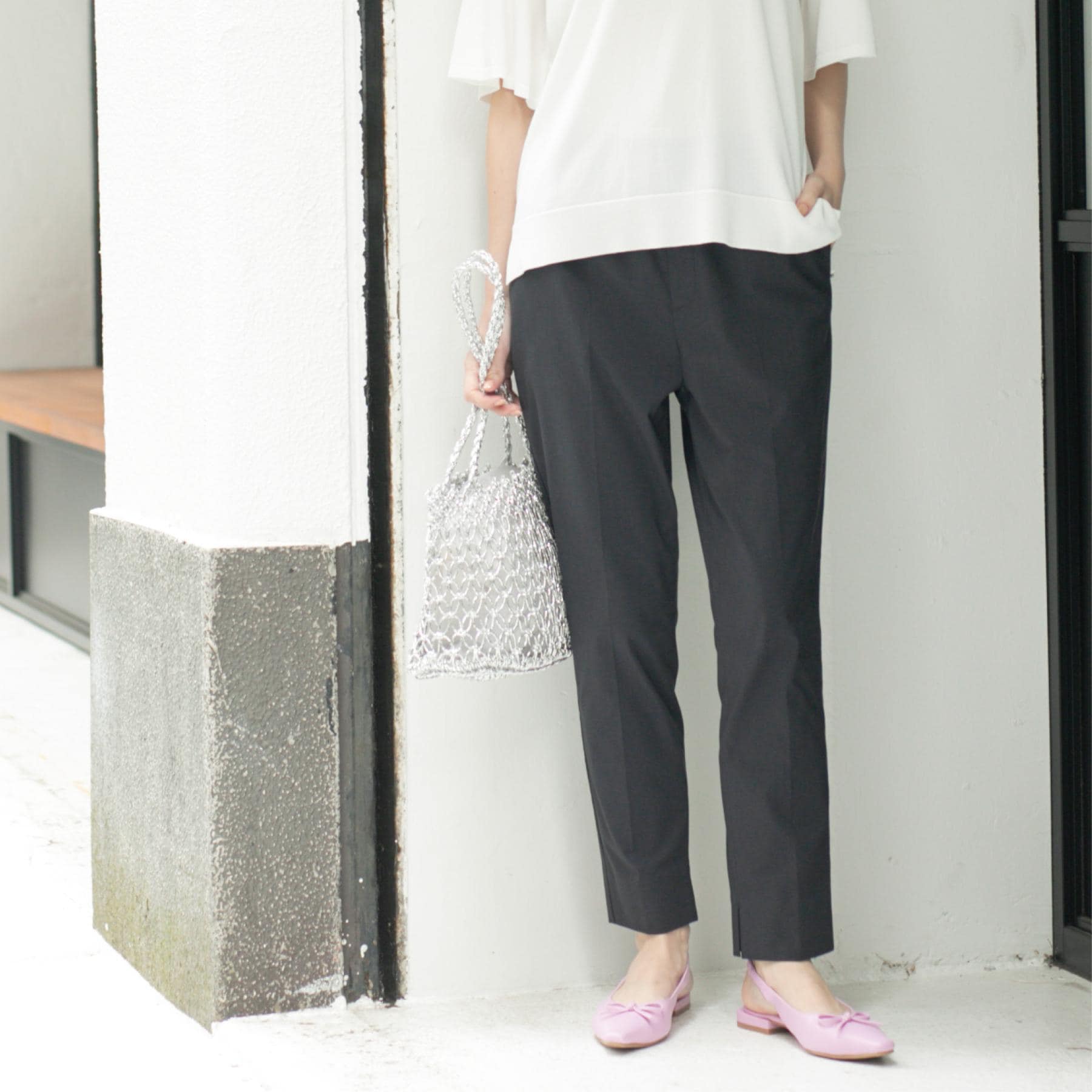 オペーク ドット クリップ OPAQUE.CLIP 麻混ハイストレッチイージースティックパンツ【洗濯機洗い可】 （ブラック(019)） ブラック(019)