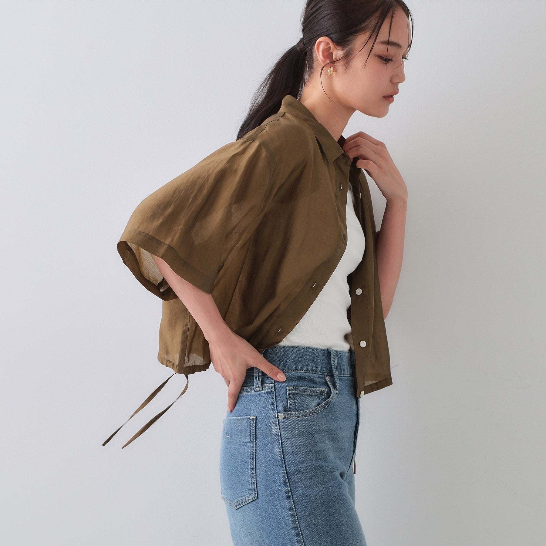 オペーク ドット クリップ OPAQUE.CLIP 裾ドロストシアーショートシャツ【洗濯機洗い可】 （ブラウン(043)） ブラウン(043)