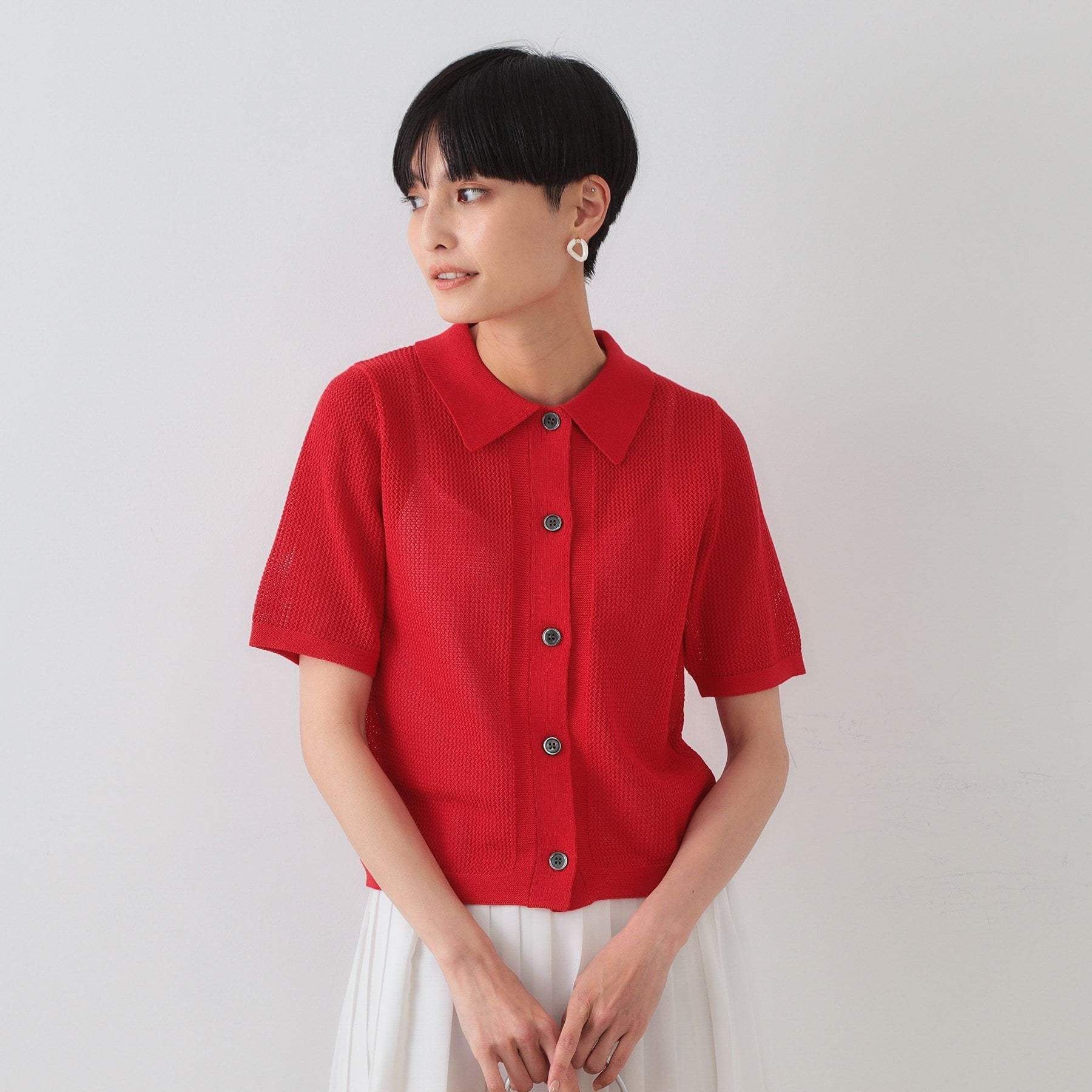 オペーク ドット クリップ OPAQUE.CLIP 透かし編みポロニット【洗濯機洗い可】 （レッド(062)） レッド(062)