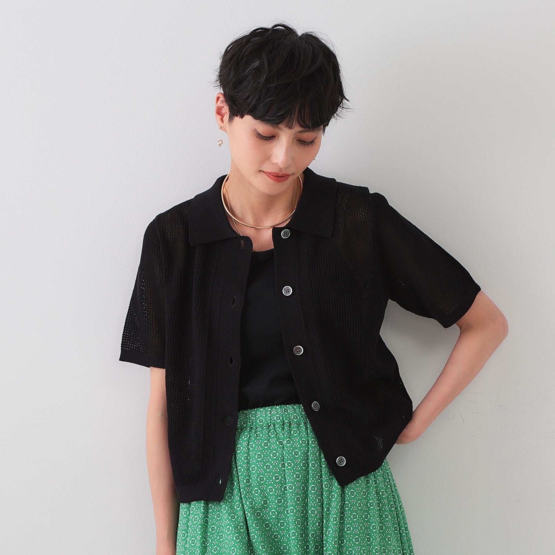 オペーク ドット クリップ OPAQUE.CLIP 透かし編みポロニット【洗濯機洗い可】 （レッド(062)） レッド(062)