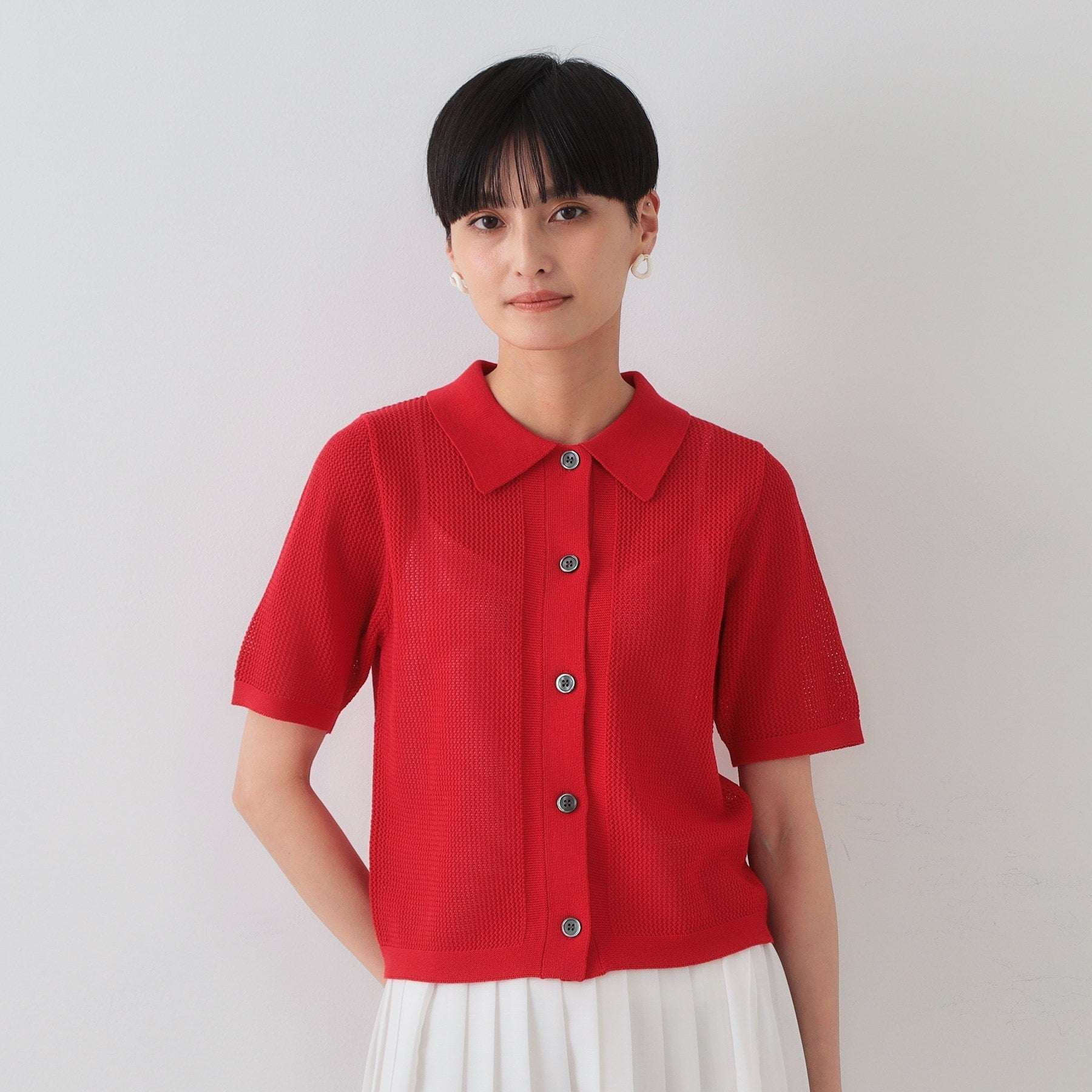 オペーク ドット クリップ OPAQUE.CLIP 透かし編みポロニット【洗濯機洗い可】 （レッド(062)） レッド(062)