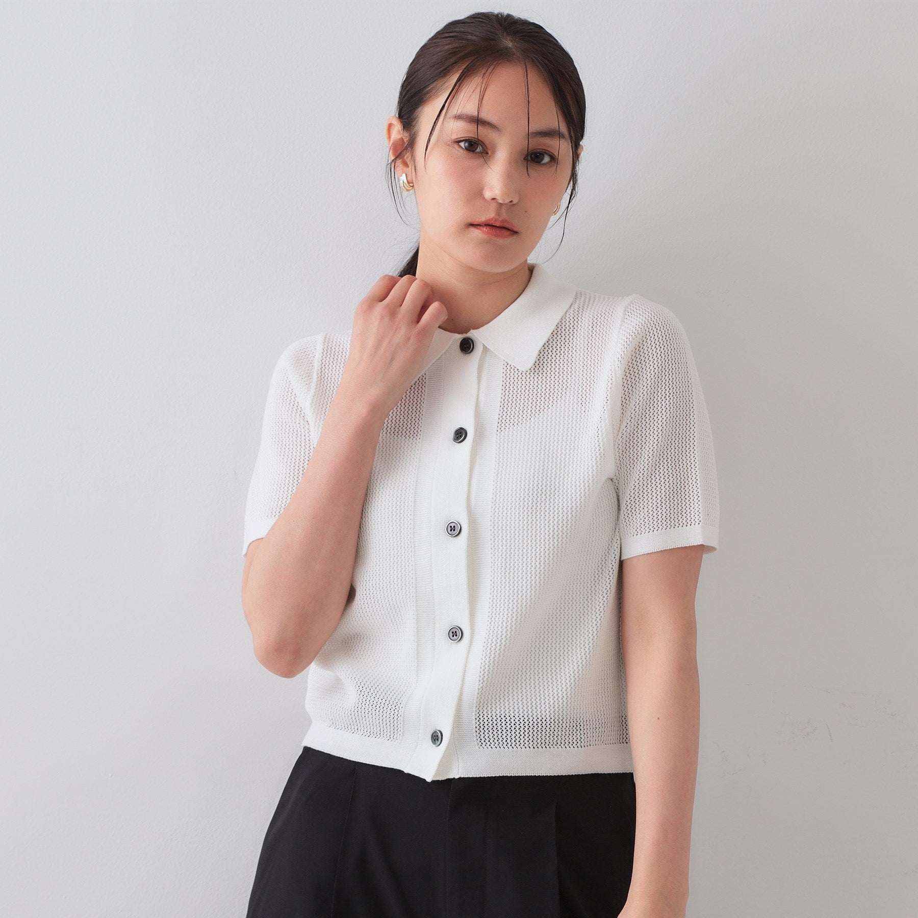 オペーク ドット クリップ OPAQUE.CLIP 透かし編みポロニット【洗濯機洗い可】 （ホワイト(001)） ホワイト(001)