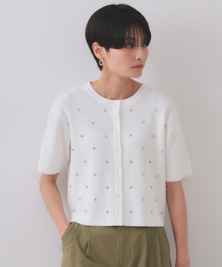 オペーク ドット クリップ OPAQUE.CLIP フロントビジューリブニットカーディガン【洗濯機洗い可／抗ピル】 （ブルー(093)） ブルー(093)