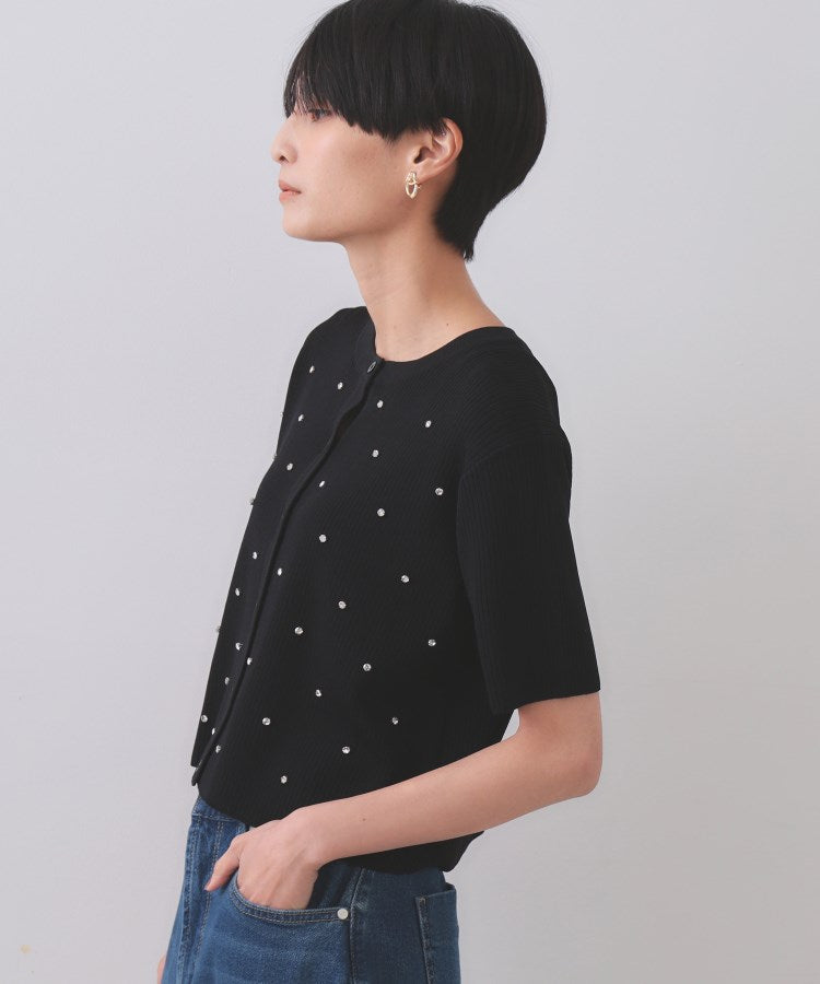 オペーク ドット クリップ OPAQUE.CLIP フロントビジューリブニットカーディガン【洗濯機洗い可／抗ピル】 （ブルー(093)） ブルー(093)