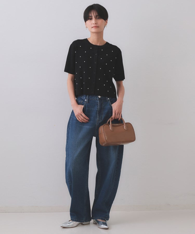 オペーク ドット クリップ OPAQUE.CLIP フロントビジューリブニットカーディガン【洗濯機洗い可／抗ピル】 （ブルー(093)） ブルー(093)