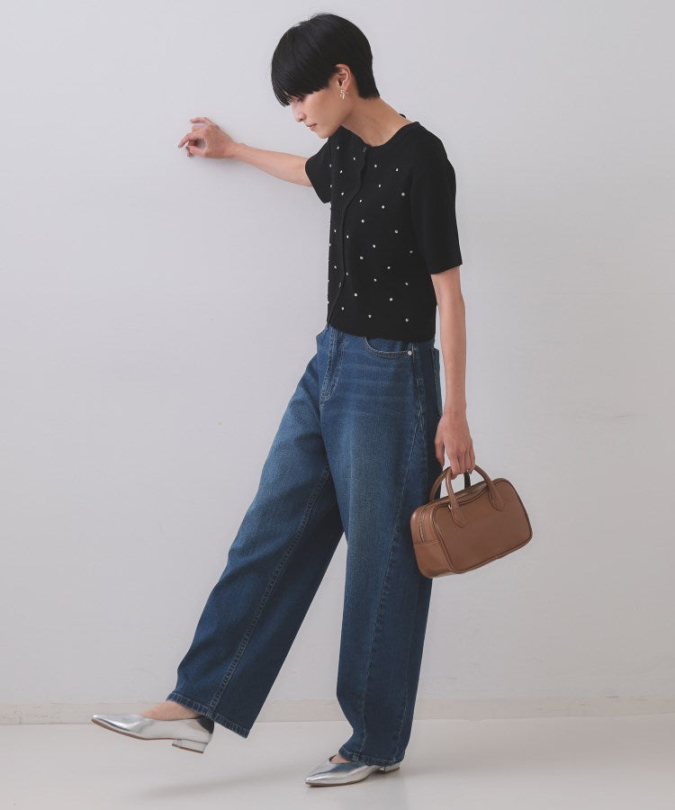 オペーク ドット クリップ OPAQUE.CLIP フロントビジューリブニットカーディガン【洗濯機洗い可／抗ピル】 （ブルー(093)） ブルー(093)