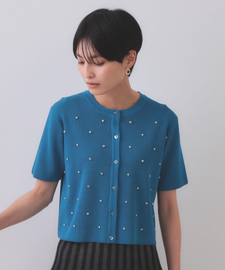 オペーク ドット クリップ OPAQUE.CLIP フロントビジューリブニットカーディガン【洗濯機洗い可／抗ピル】 （ブルー(093)） ブルー(093)