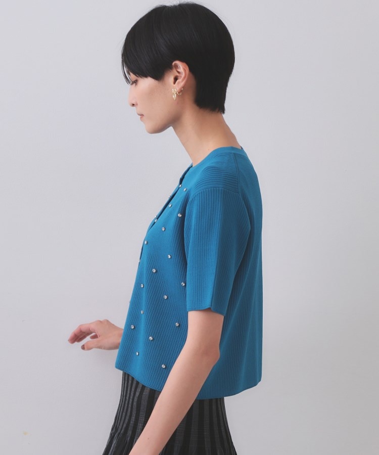 オペーク ドット クリップ OPAQUE.CLIP フロントビジューリブニットカーディガン【洗濯機洗い可／抗ピル】 （ブルー(093)） ブルー(093)