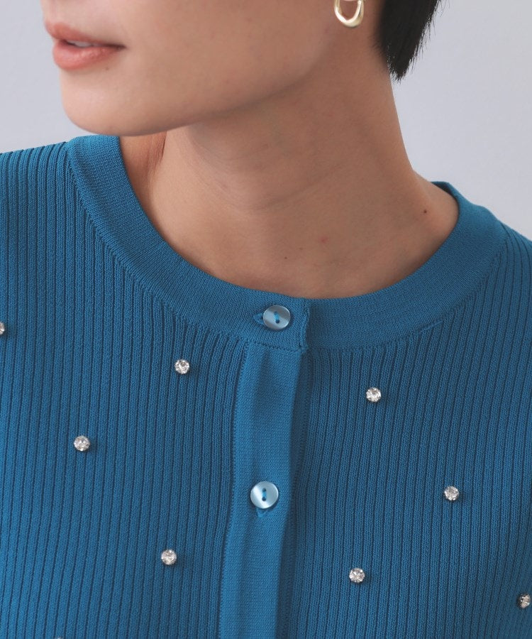 オペーク ドット クリップ OPAQUE.CLIP フロントビジューリブニットカーディガン【洗濯機洗い可／抗ピル】 （ブルー(093)） ブルー(093)