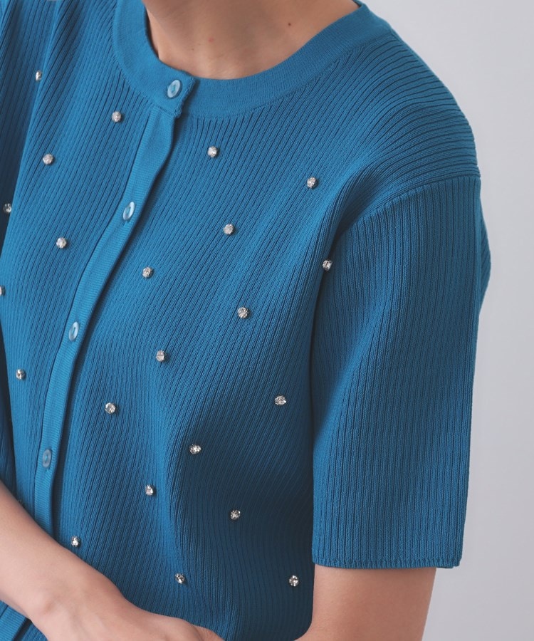 オペーク ドット クリップ OPAQUE.CLIP フロントビジューリブニットカーディガン【洗濯機洗い可／抗ピル】 （ブルー(093)） ブルー(093)