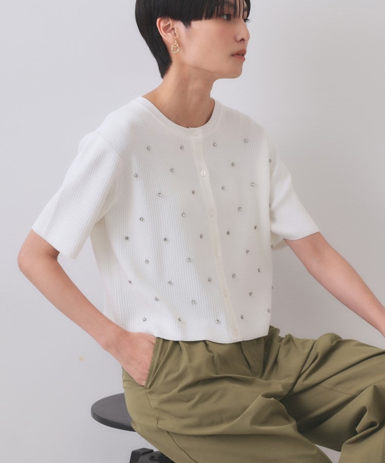 オペーク ドット クリップ OPAQUE.CLIP フロントビジューリブニットカーディガン【洗濯機洗い可／抗ピル】 （ホワイト(001)） ホワイト(001)
