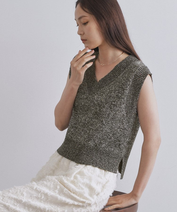 オペーク ドット クリップ OPAQUE.CLIP スパンコールラメVネックニット【手洗い可】 （グリーン(622)） グリーン(622)