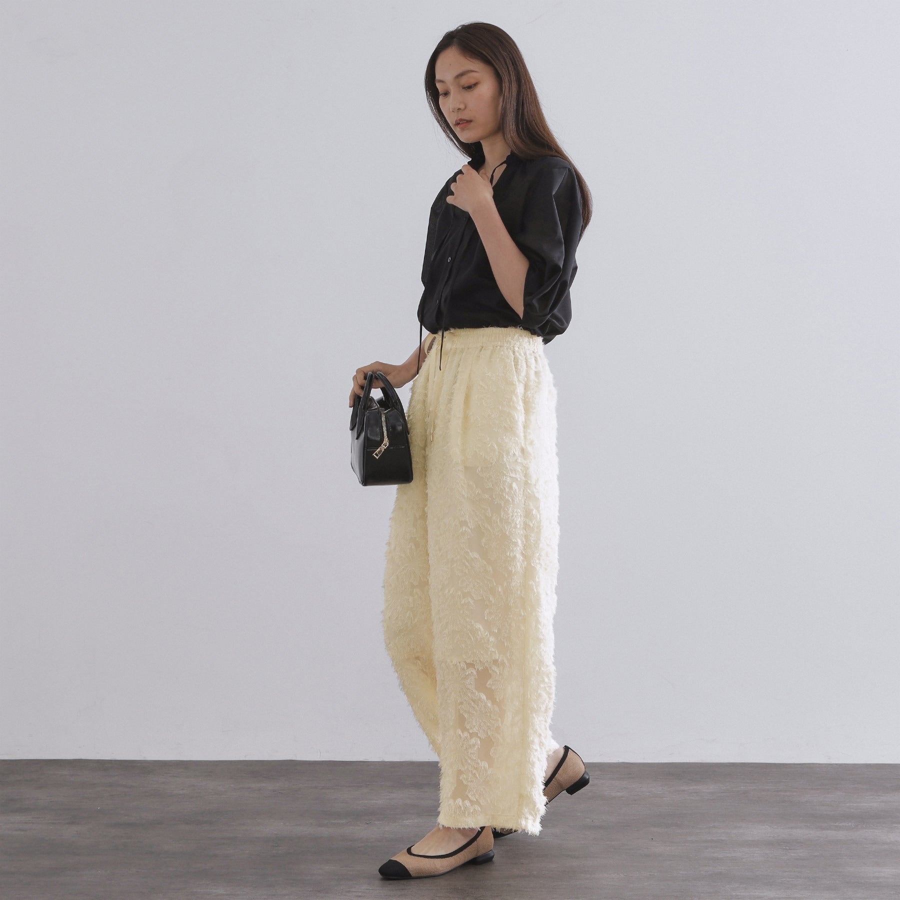 オペーク ドット クリップ OPAQUE.CLIP フリンジジャカードイージーパンツ【洗濯機洗い可】 （ブラック(019)） ブラック(019)