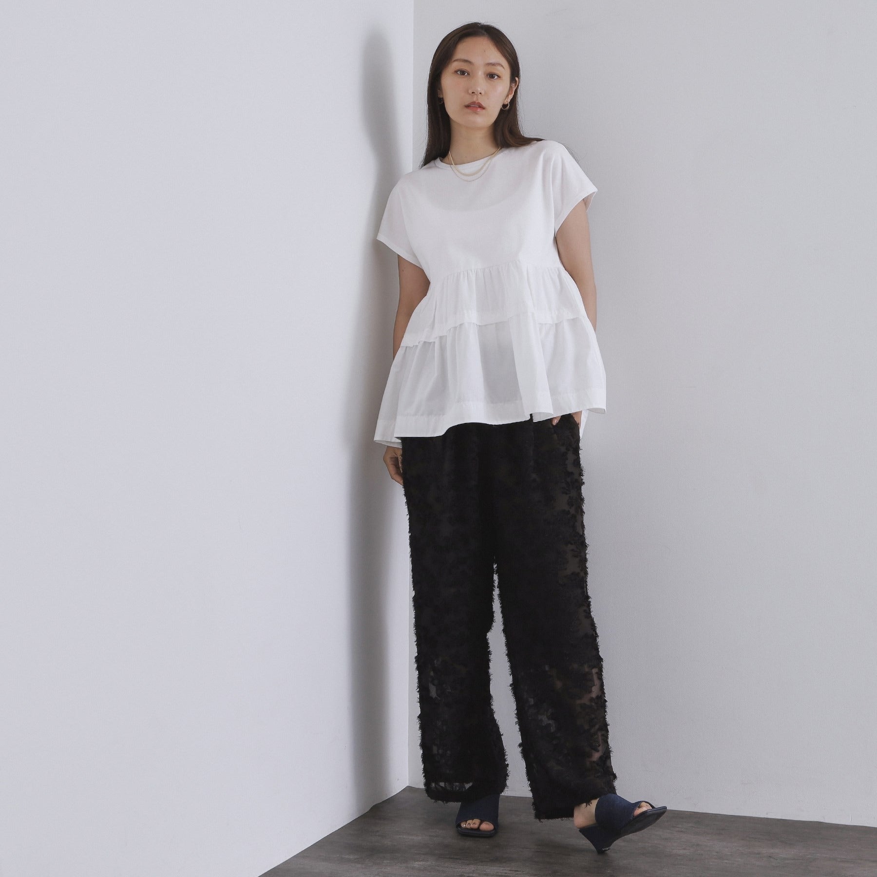 オペーク ドット クリップ OPAQUE.CLIP フリンジジャカードイージーパンツ【洗濯機洗い可】 （ブラック(019)） ブラック(019)