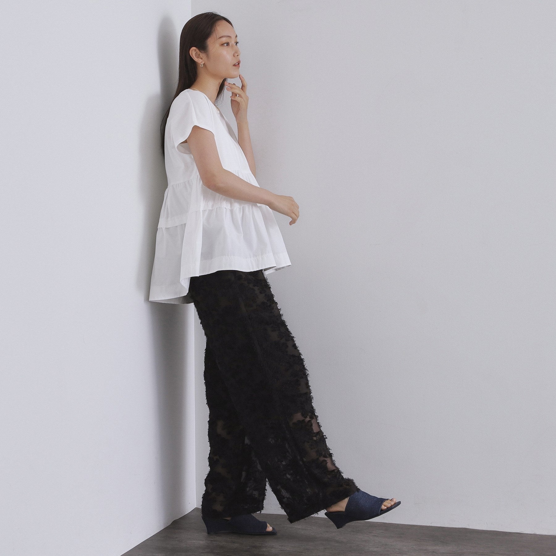 オペーク ドット クリップ OPAQUE.CLIP フリンジジャカードイージーパンツ【洗濯機洗い可】 （ブラック(019)） ブラック(019)