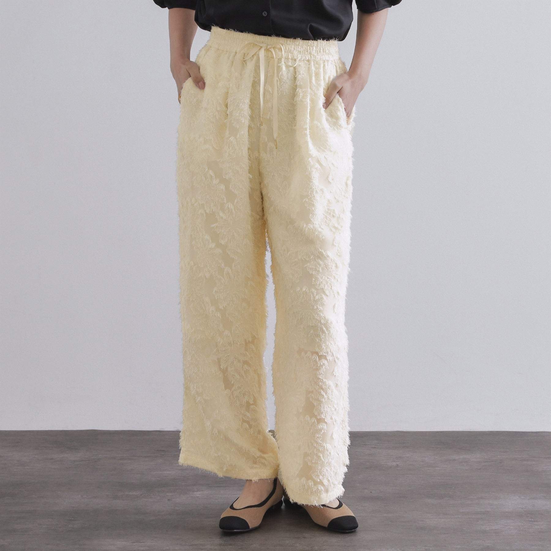 オペーク ドット クリップ OPAQUE.CLIP フリンジジャカードイージーパンツ【洗濯機洗い可】 （ブラック(019)） ブラック(019)