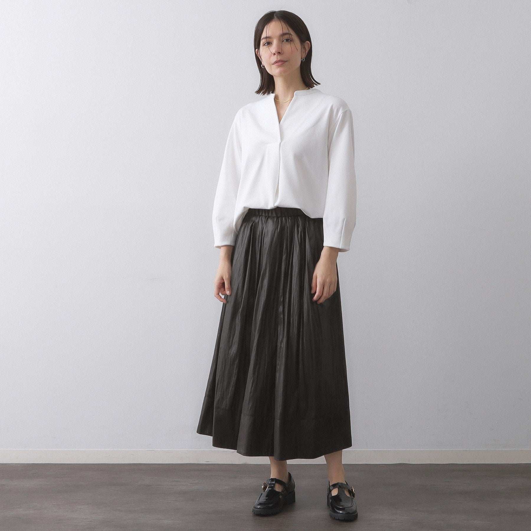 オペーク ドット クリップ OPAQUE.CLIP レザーライクタックフレアスカート【洗濯機洗い可】 （ボルドー(064)） ボルドー(064)