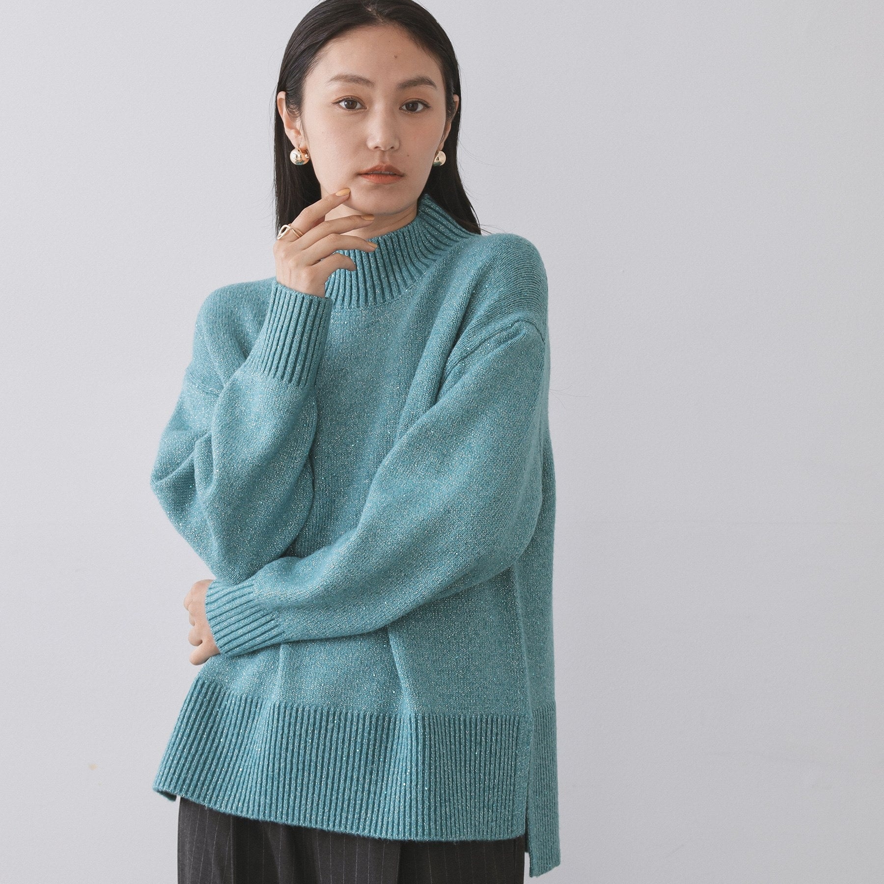 オペーク ドット クリップ OPAQUE.CLIP ラメスパンコールハイネックミドルゲージニット／セットアップ対応可【洗濯機洗い可】 （ブルーグリーン(697)） ブルーグリーン(697)