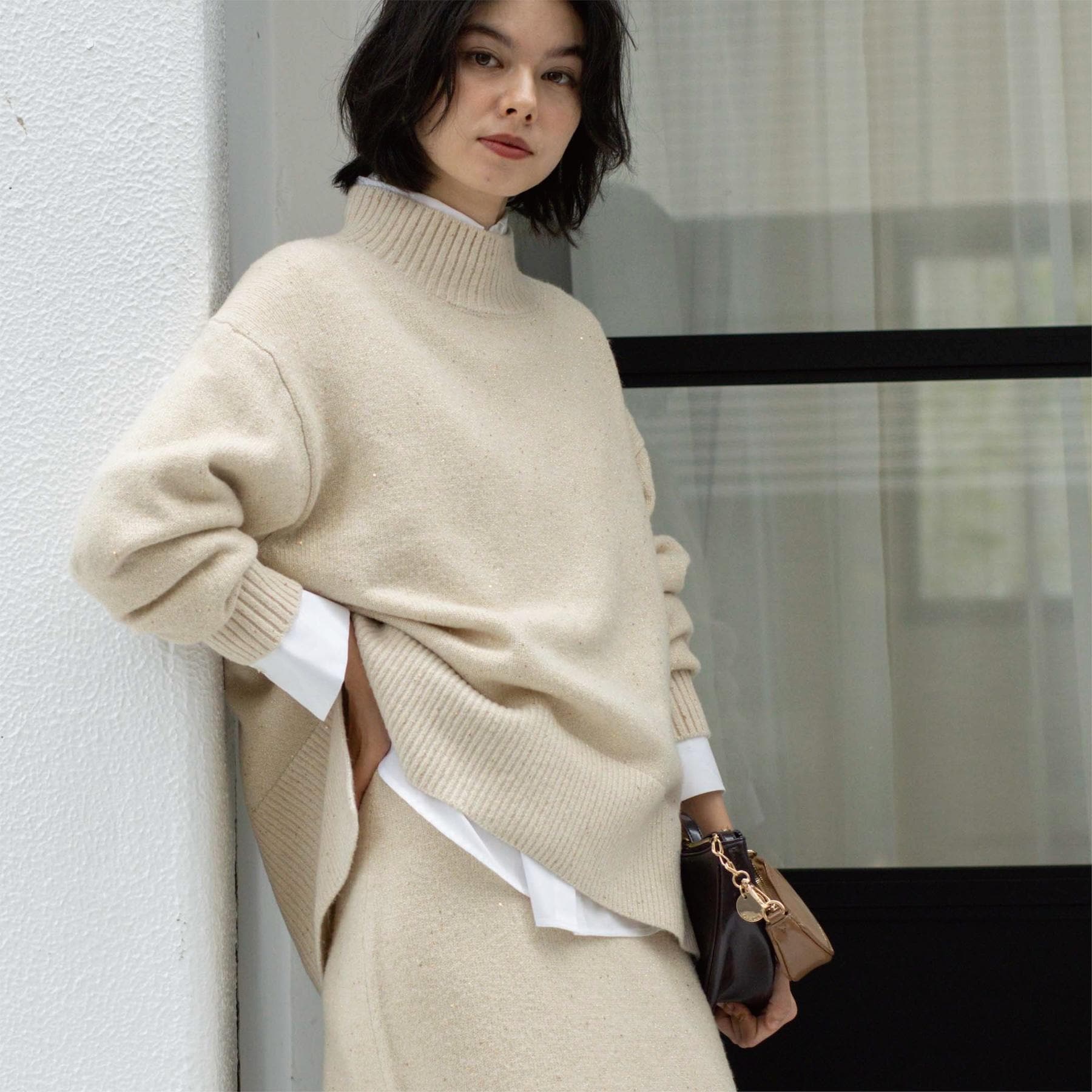 オペーク ドット クリップ OPAQUE.CLIP ラメスパンコールハイネックミドルゲージニット／セットアップ対応可【洗濯機洗い可】 （ベージュ(652)） ベージュ(652)