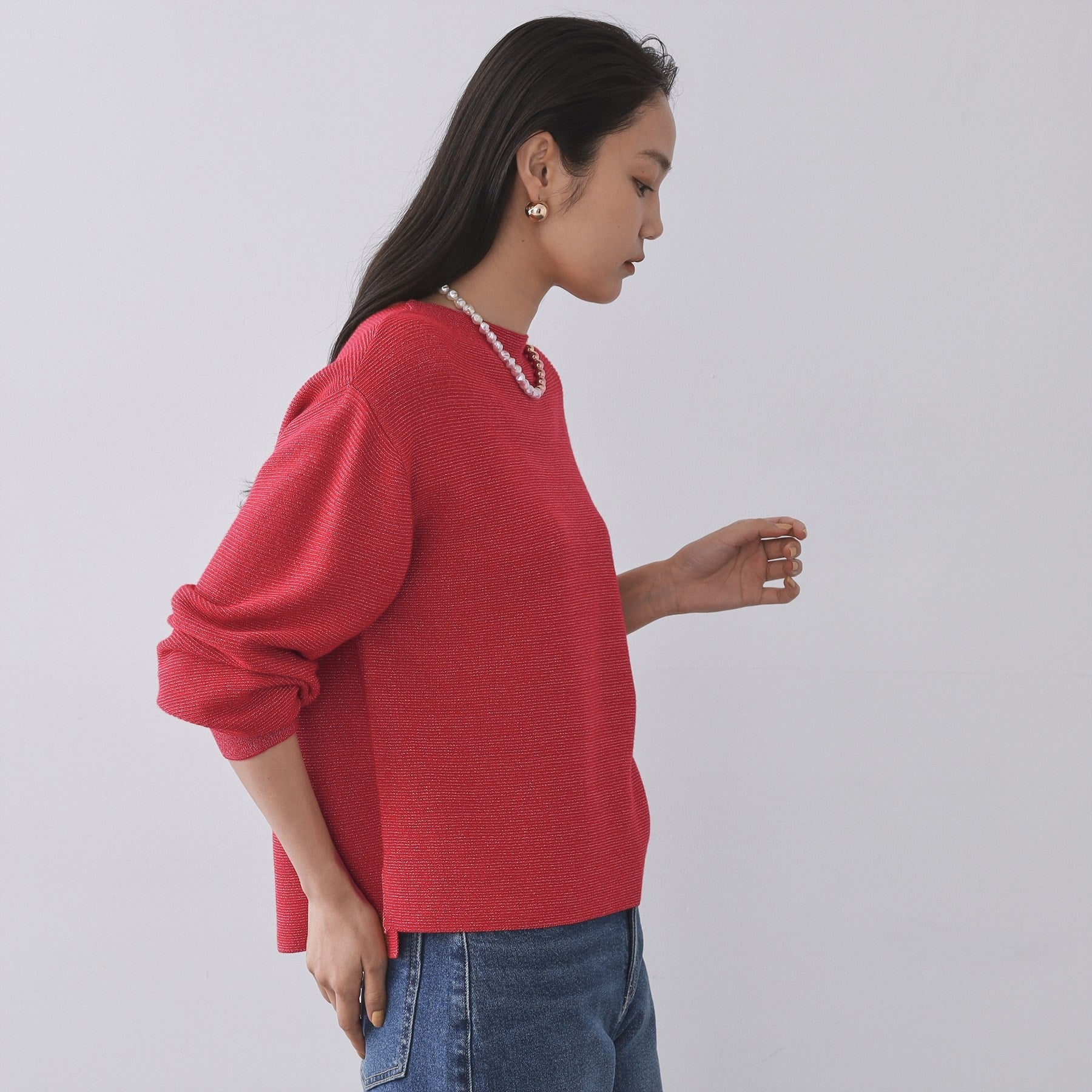 オペーク ドット クリップ OPAQUE.CLIP ラメガーターボートネックニット【洗濯機洗い可】 （サックスブルー(690)） サックスブルー(690)