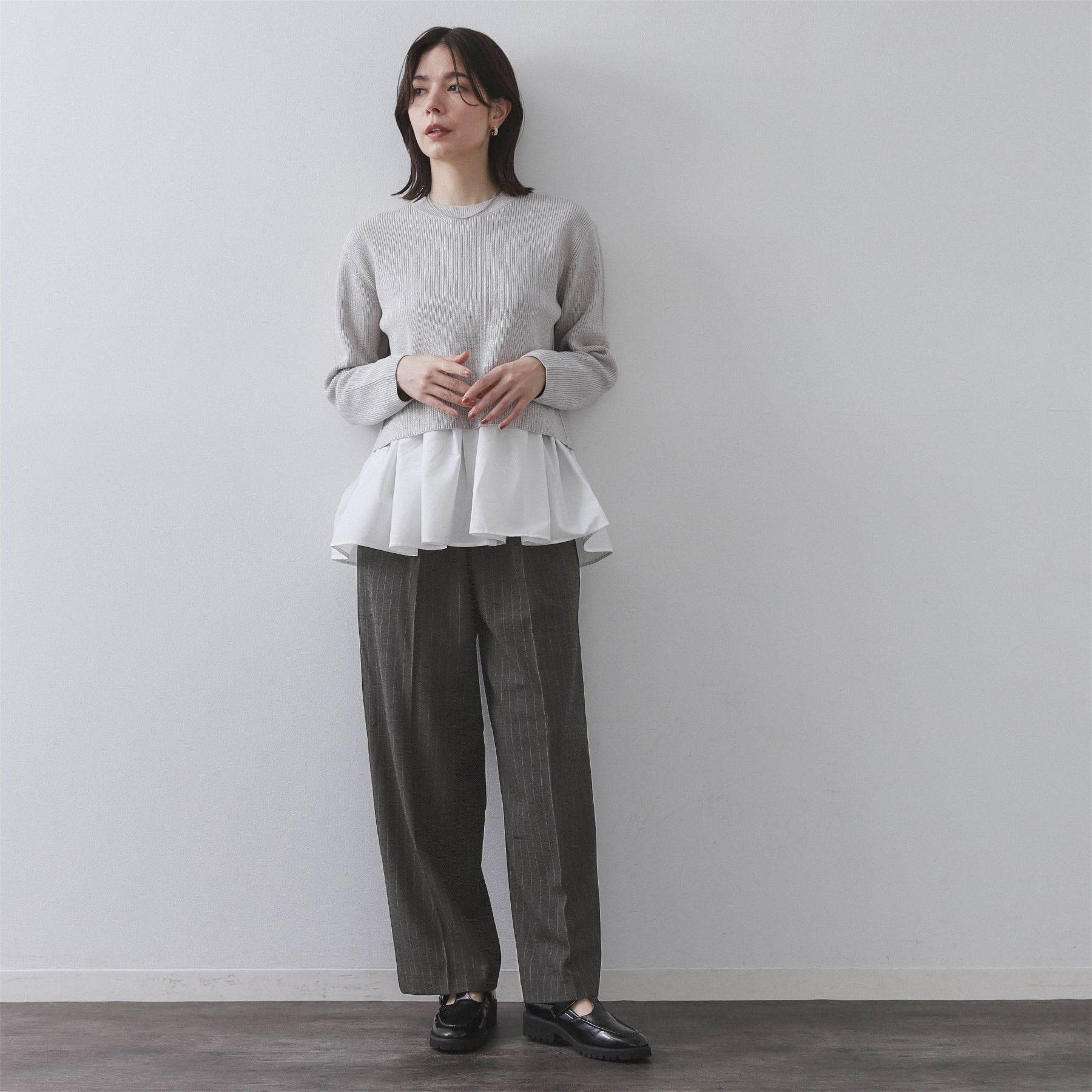 オペーク ドット クリップ OPAQUE.CLIP ストレッチピンストライプ裏起毛イージーワイドパンツ【吸湿発熱／洗濯機洗い可】 （ネイビー(394)） ネイビー(394)