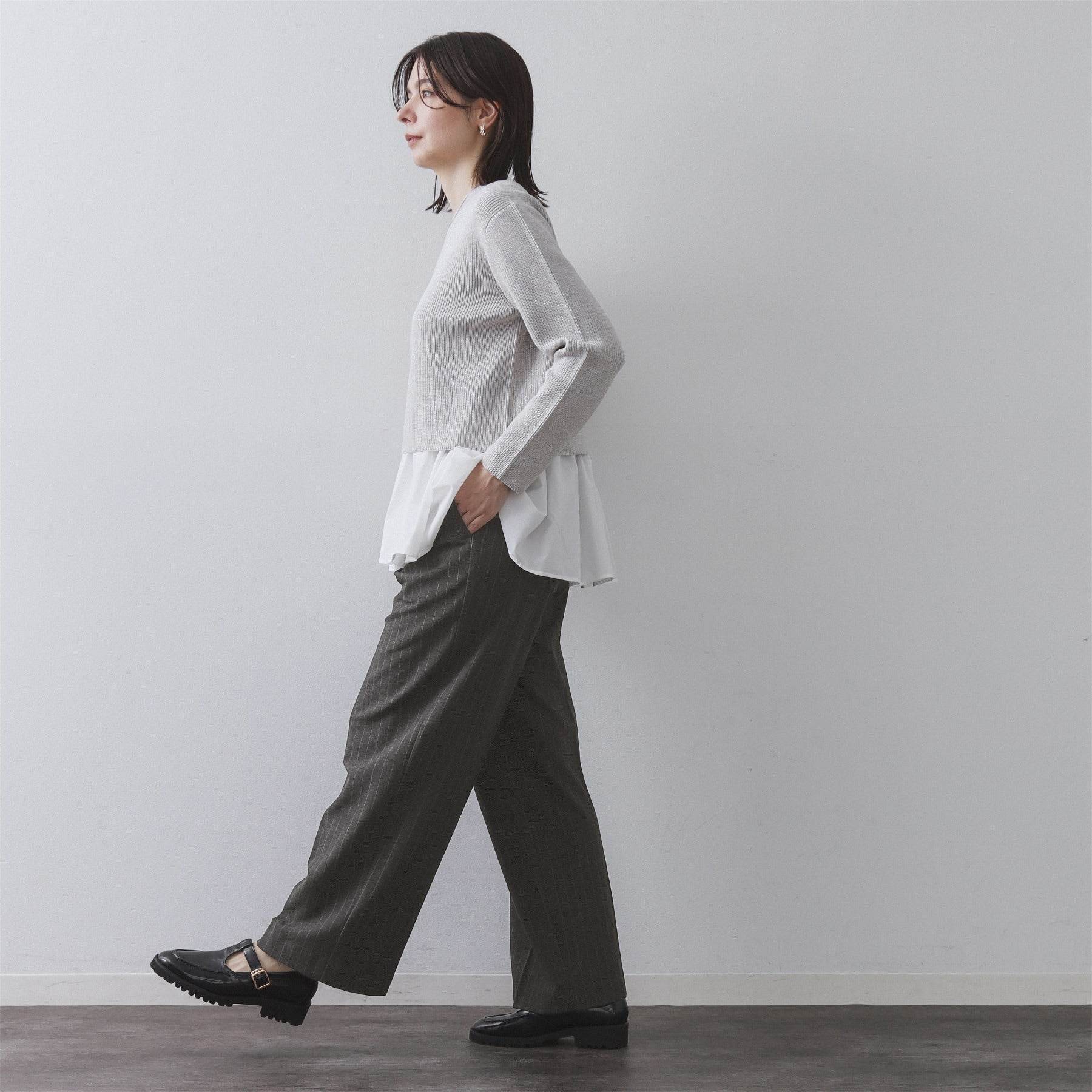 オペーク ドット クリップ OPAQUE.CLIP ストレッチピンストライプ裏起毛イージーワイドパンツ【吸湿発熱／洗濯機洗い可】 （ネイビー(394)） ネイビー(394)