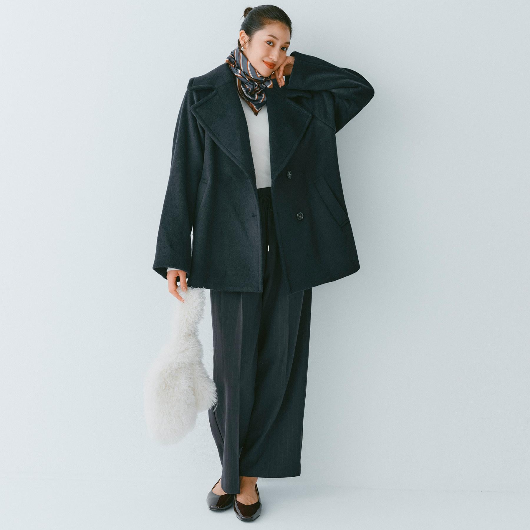 オペーク ドット クリップ OPAQUE.CLIP ストレッチピンストライプ裏起毛イージーワイドパンツ【吸湿発熱／洗濯機洗い可】 （ネイビー(394)） ネイビー(394)