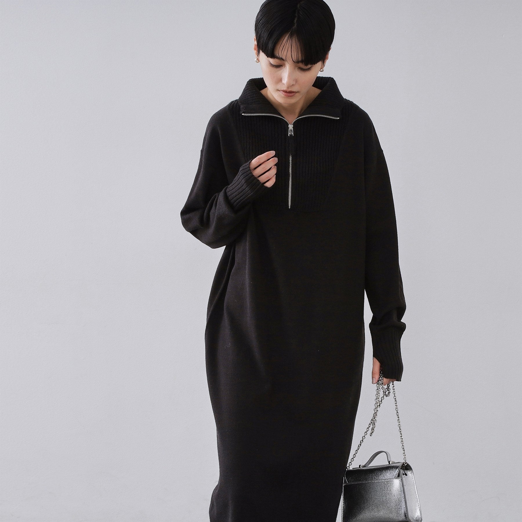 オペーク ドット クリップ OPAQUE.CLIP ハーフジップニットワンピース【洗濯機OK】 （ブラック(019)） ブラック(019)