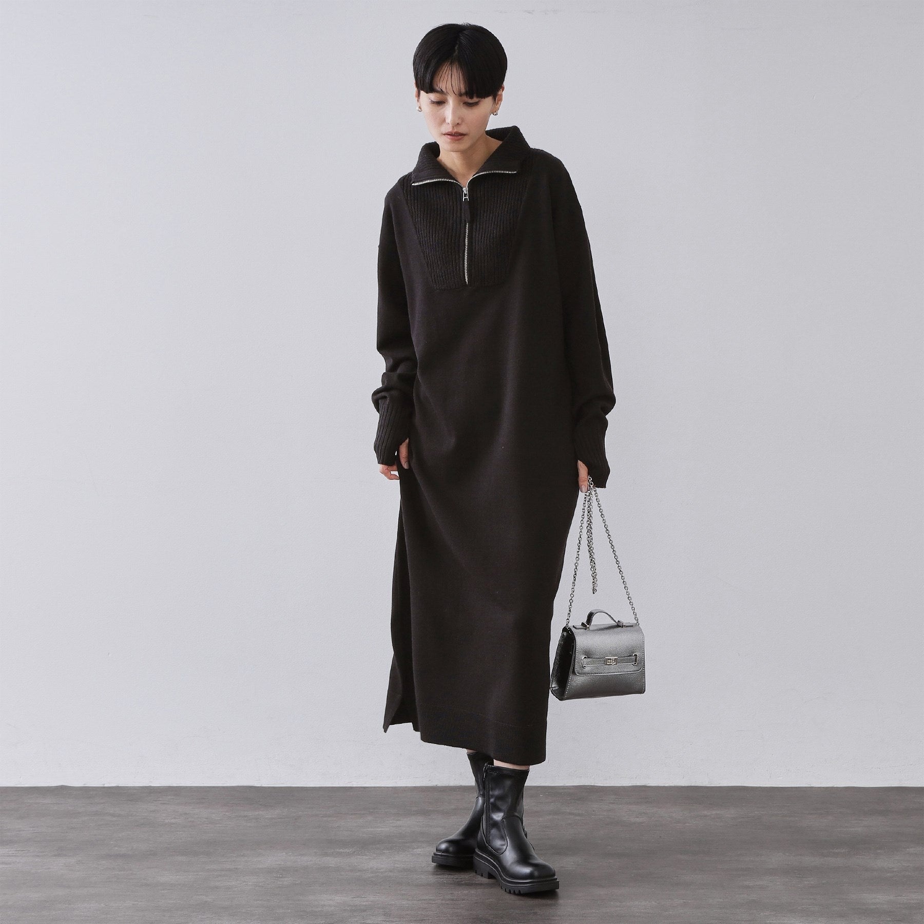 オペーク ドット クリップ OPAQUE.CLIP ハーフジップニットワンピース【洗濯機OK】 （ブラック(019)） ブラック(019)