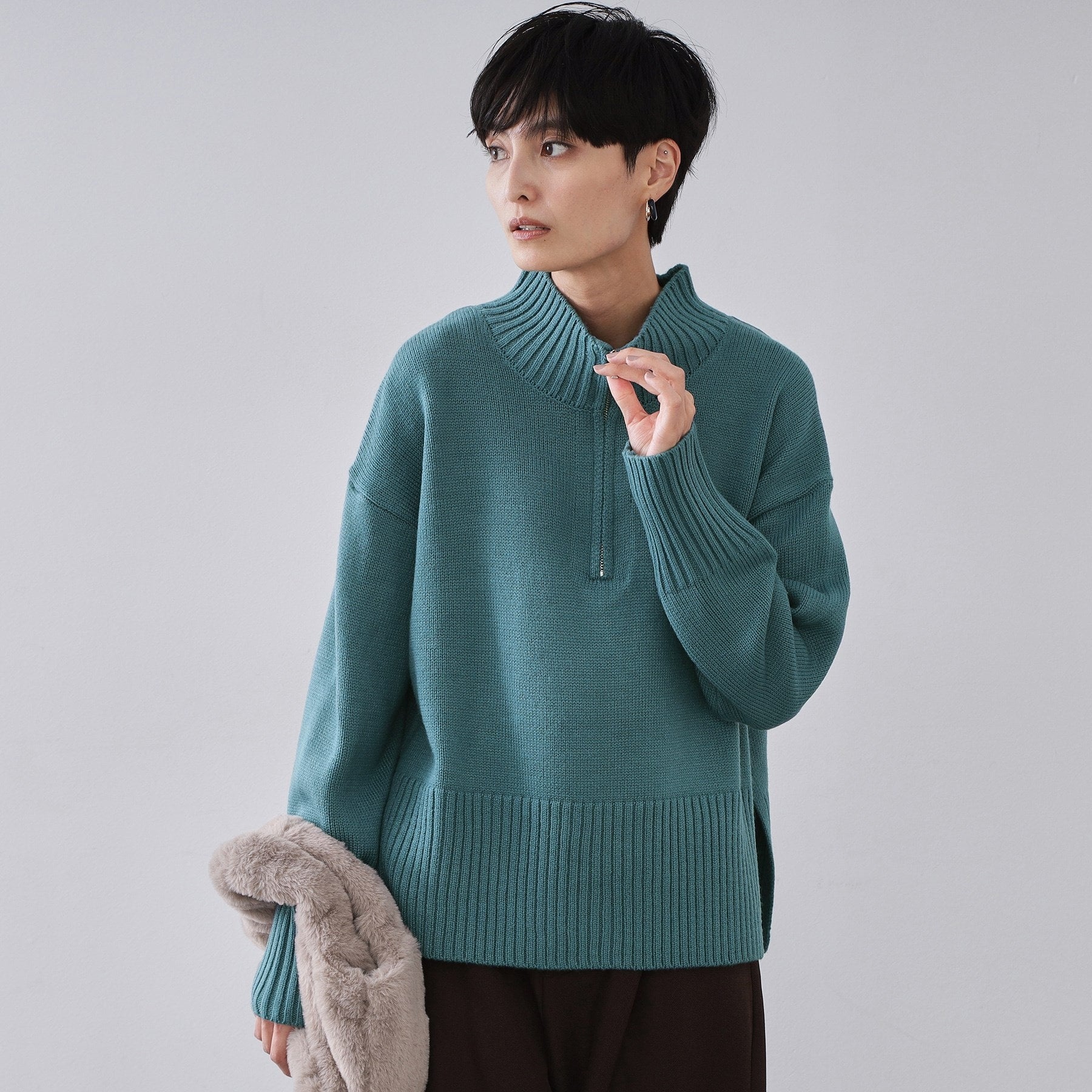 オペーク ドット クリップ OPAQUE.CLIP ハーフジップミドルゲージニット【洗濯機OK】 （ブルーグリーン(097)） ブルーグリーン(097)