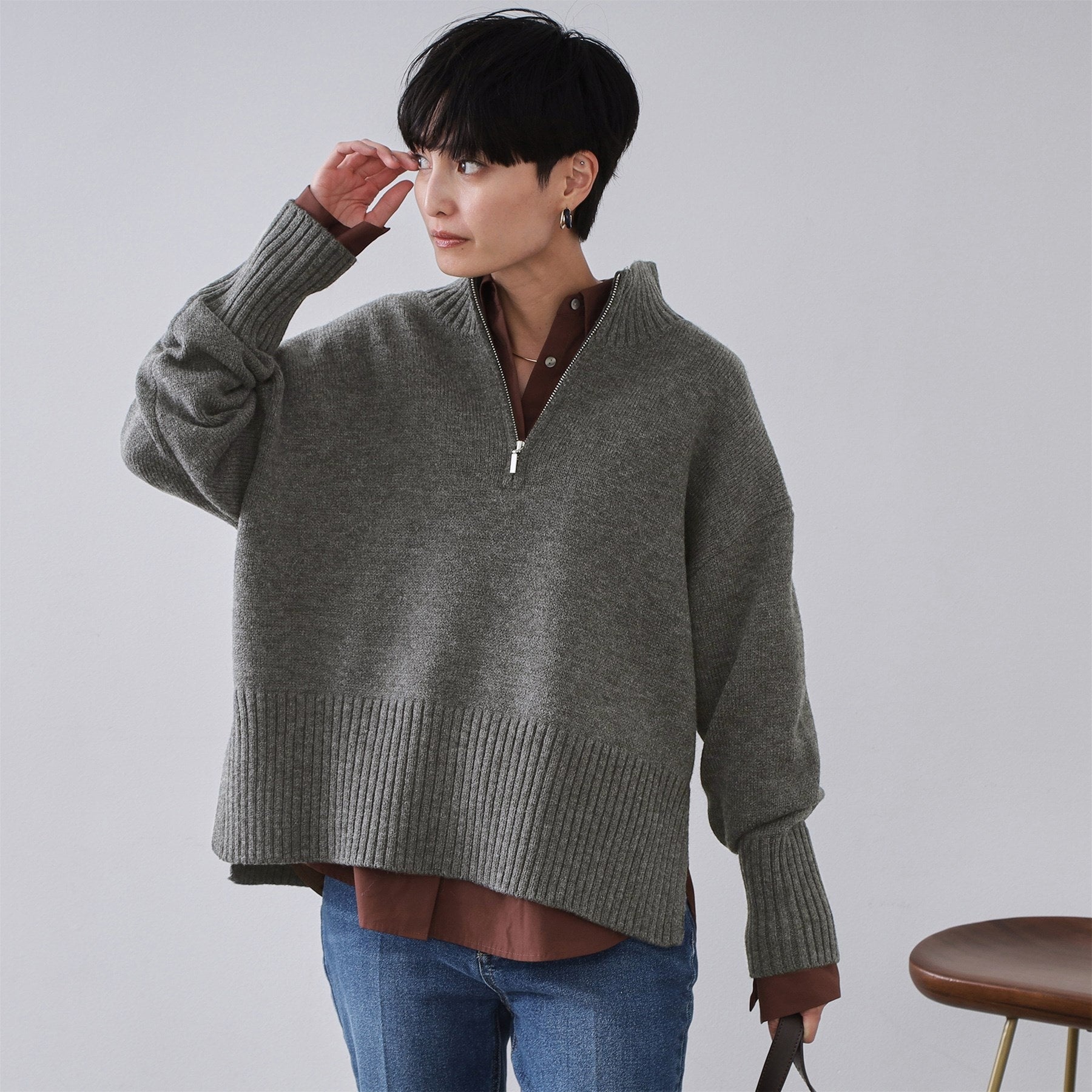 オペーク ドット クリップ OPAQUE.CLIP ハーフジップミドルゲージニット【洗濯機OK】 （ブルーグリーン(097)） ブルーグリーン(097)