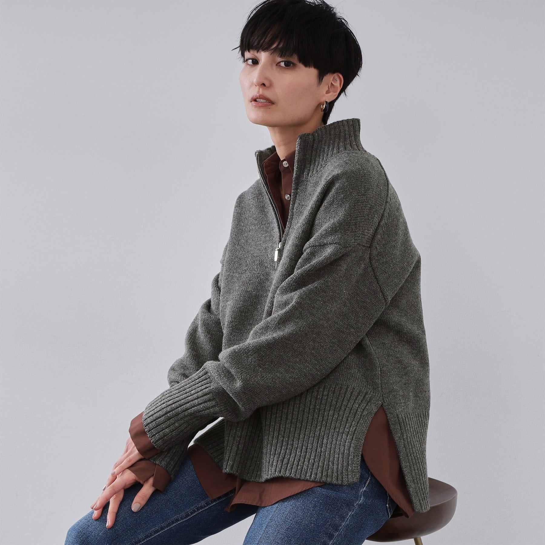 オペーク ドット クリップ OPAQUE.CLIP ハーフジップミドルゲージニット【洗濯機OK】 （チャコールグレー(014)） チャコールグレー(014)