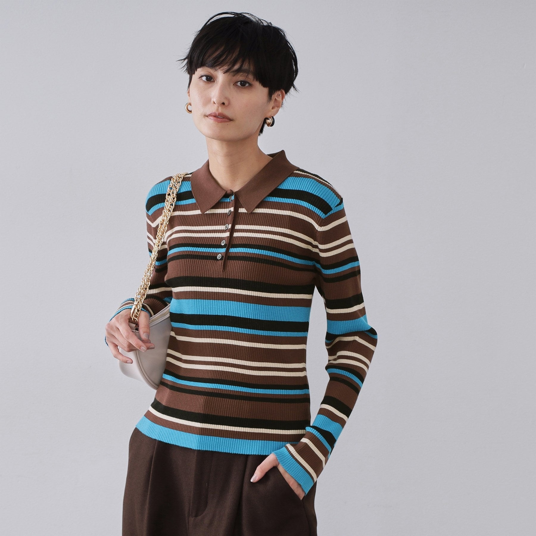 オペーク ドット クリップ OPAQUE.CLIP マルチボーダーポロニット【洗濯機OK】 （ブラウン(344)） ブラウン(344)