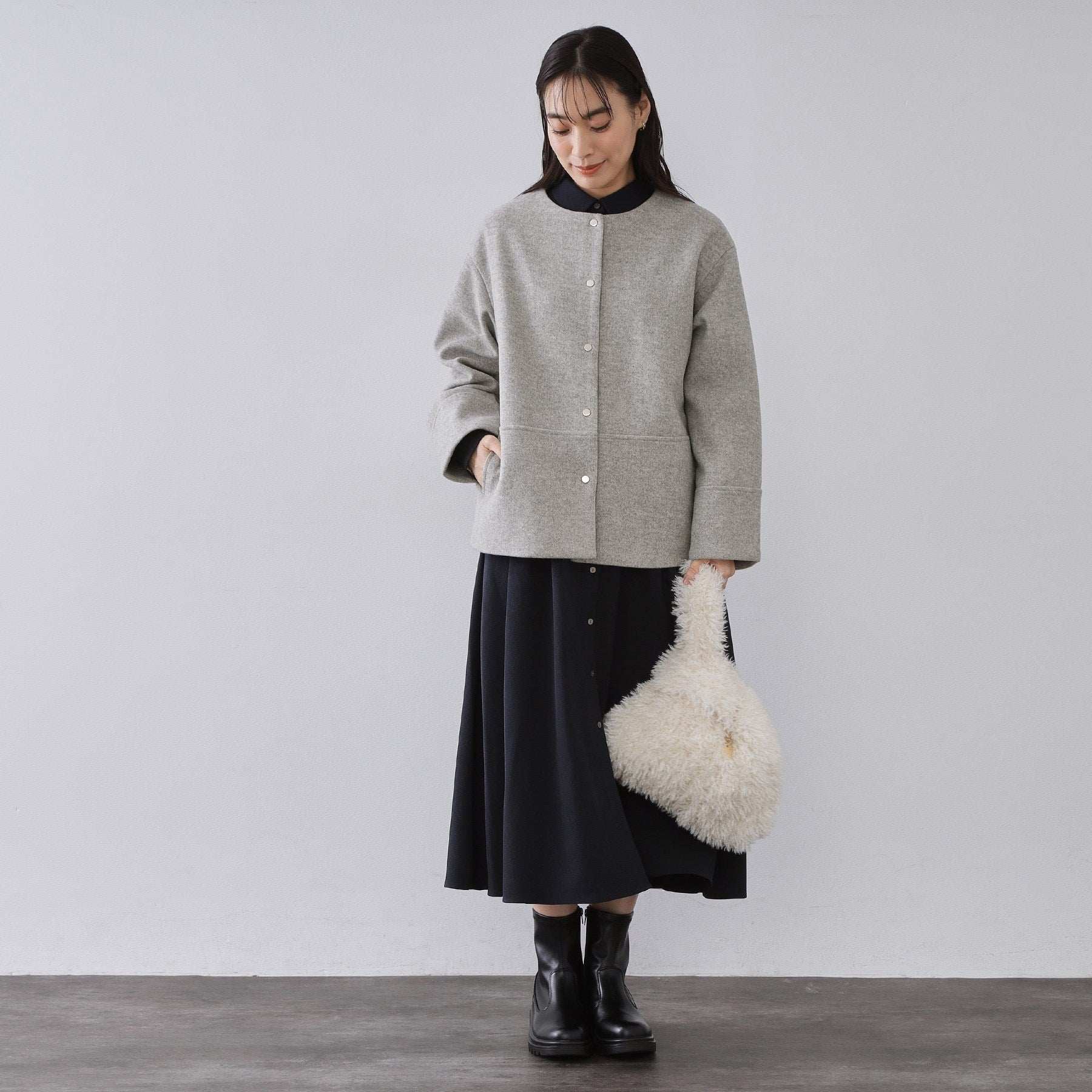 オペーク ドット クリップ OPAQUE.CLIP ウールライクメルトン ノーカラーコート【洗濯機OK】 （ブラック(019)） ブラック(019)