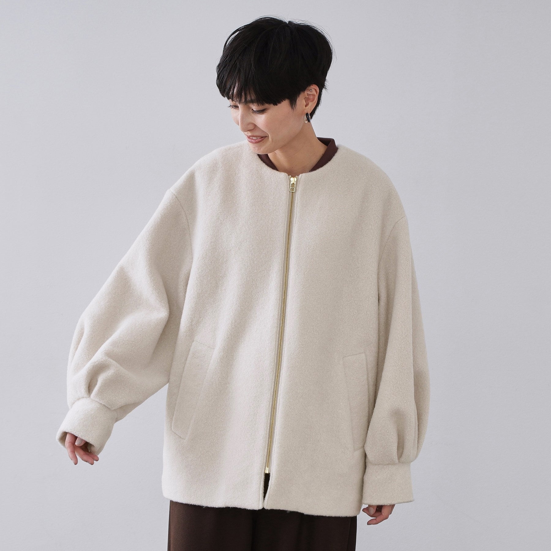 オペーク ドット クリップ OPAQUE.CLIP もこもこノーカラージップミドルコート【洗える】 （ライトベージュ(051)） ライトベージュ(051)