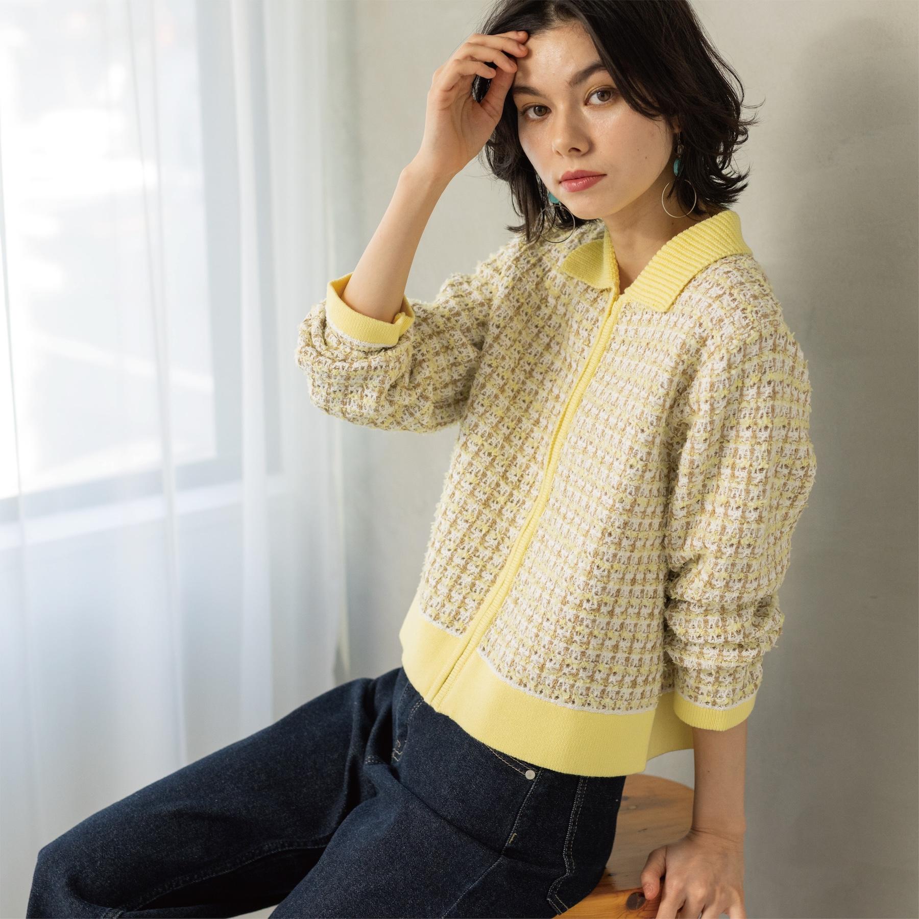 オペーク ドット クリップ OPAQUE.CLIP ツイードライクZIPニットカーディガン （イエロー(431)） イエロー(431)