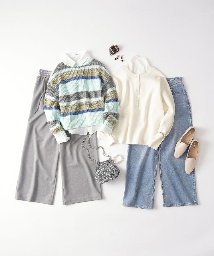 オペーク ドット クリップ OPAQUE.CLIP カラーボーダーミドルゲージニット （ピンク(371)） ピンク(371)