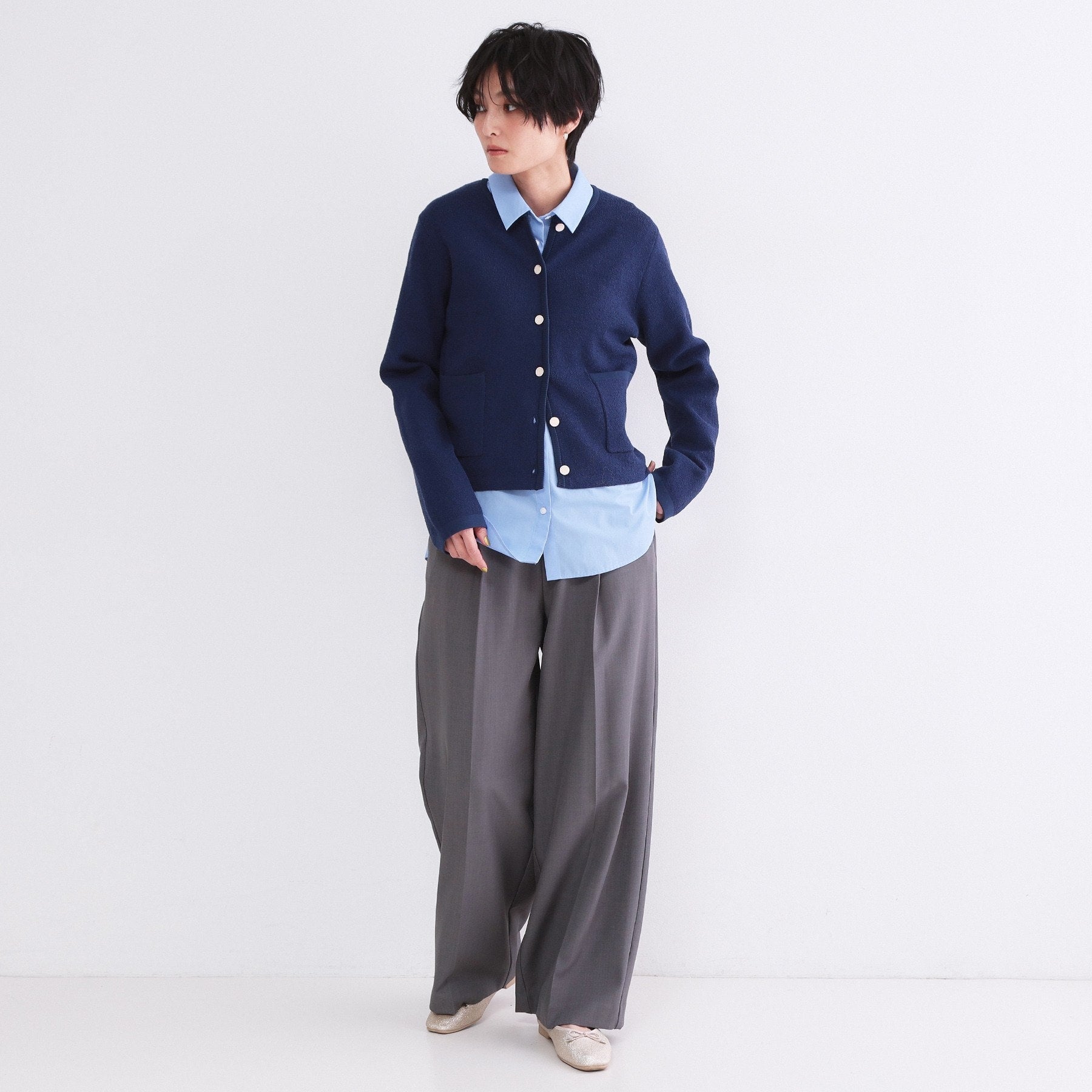 オペーク ドット クリップ OPAQUE.CLIP ブークレ金ボタンニットカーディガン【洗濯機OK】 （オレンジ(067)） オレンジ(067)