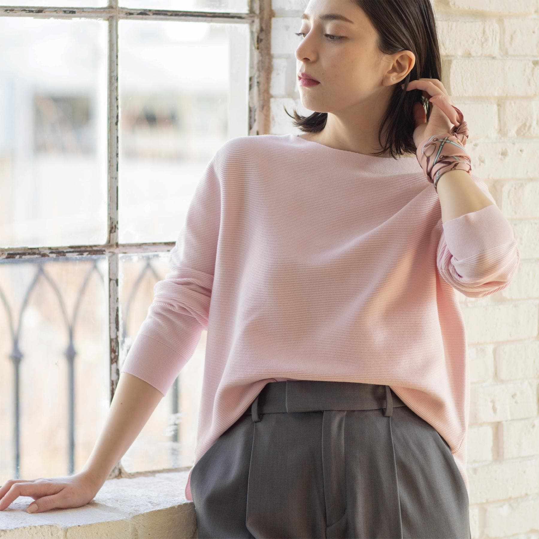 オペーク ドット クリップ OPAQUE.CLIP UV ボートネックガーターニット／オーガニックコットン混【洗濯機OK】《6col》 （ライトピンク(070)） ライトピンク(070)