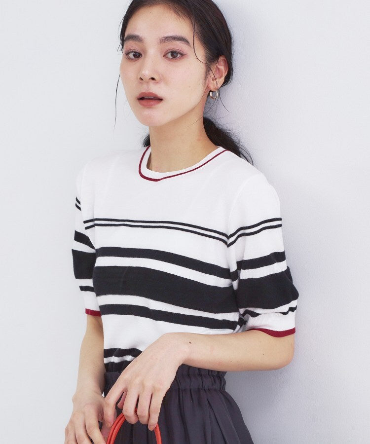 オペーク ドット クリップ OPAQUE.CLIP ランダムボーダーハーフスリーブニット【洗濯機OK】 （ブラック(319)） ブラック(319)