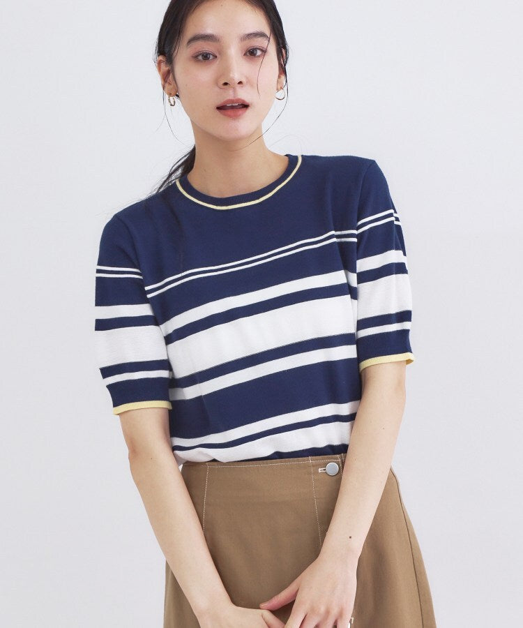 オペーク ドット クリップ OPAQUE.CLIP ランダムボーダーハーフスリーブニット【洗濯機OK】 （ネイビー(394)） ネイビー(394)