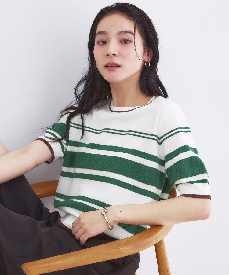 オペーク ドット クリップ OPAQUE.CLIP ランダムボーダーハーフスリーブニット【洗濯機OK】 （グリーン(322)） グリーン(322)