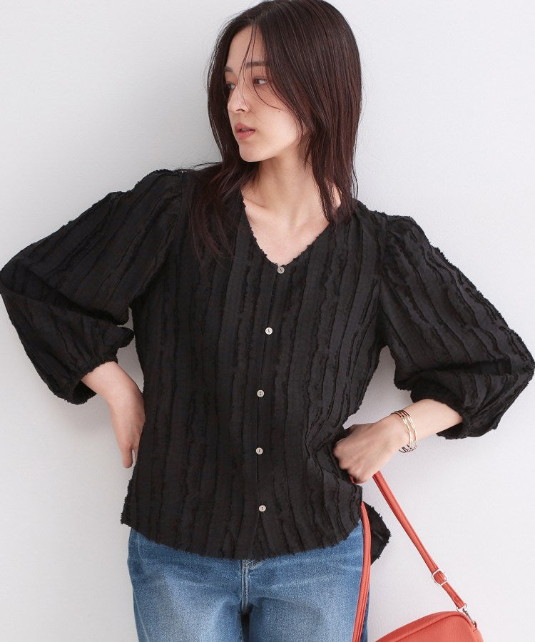 オペーク ドット クリップ OPAQUE.CLIP フリンジジャカードブラウス【洗濯機OK】 （ブルー(091)） ブルー(091)