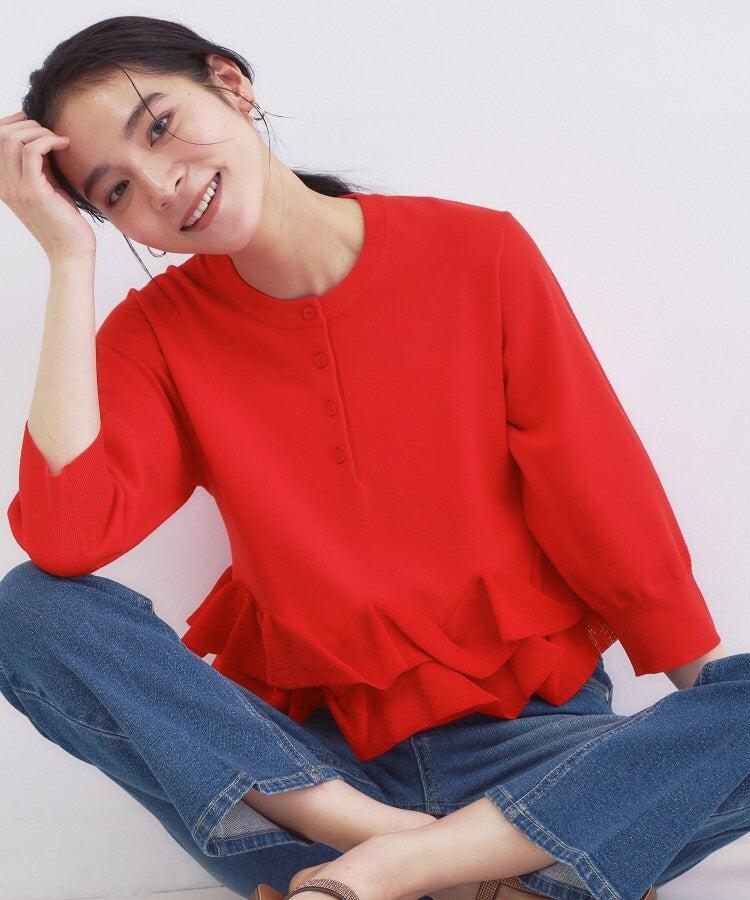 オペーク ドット クリップ OPAQUE.CLIP 裾フリルヘンリーネックニット【洗濯機OK】 （レッド(062)） レッド(062)