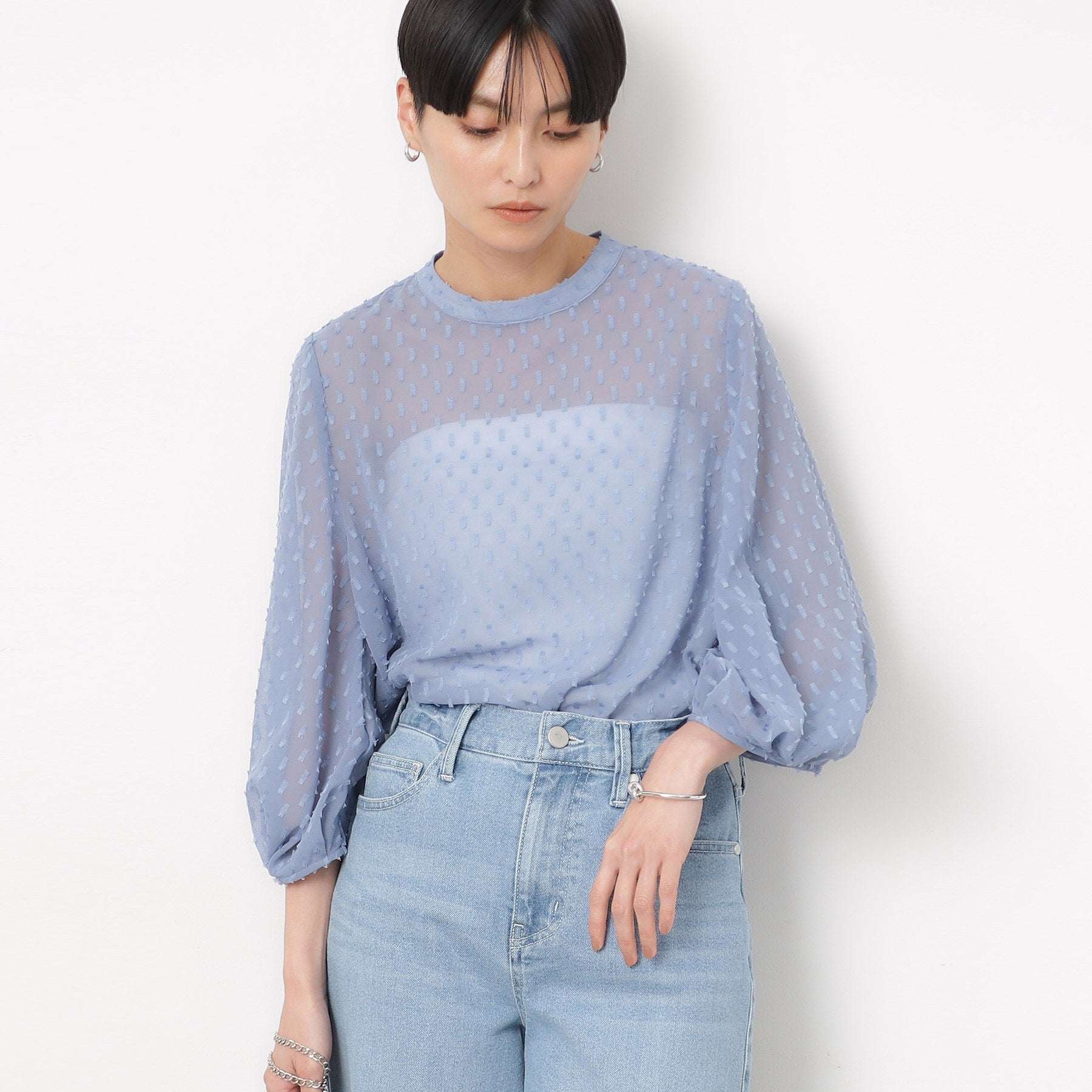 Opaque Dot Clip OPAQUE.CLIP Sheer Fringe Dot Tuck Sleeve Blouse [Machine Washable]