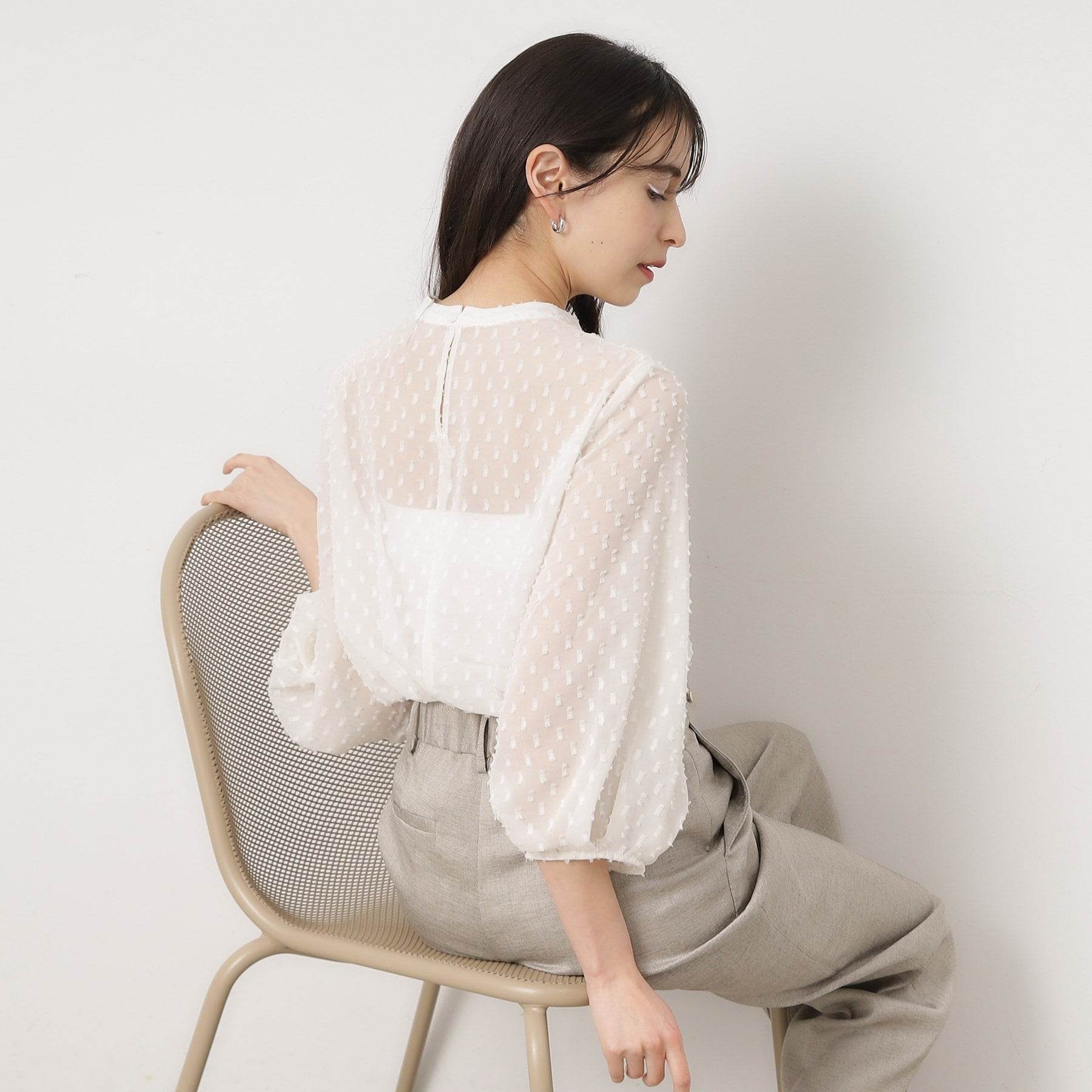 Opaque Dot Clip OPAQUE.CLIP Sheer Fringe Dot Tuck Sleeve Blouse [Machine Washable]