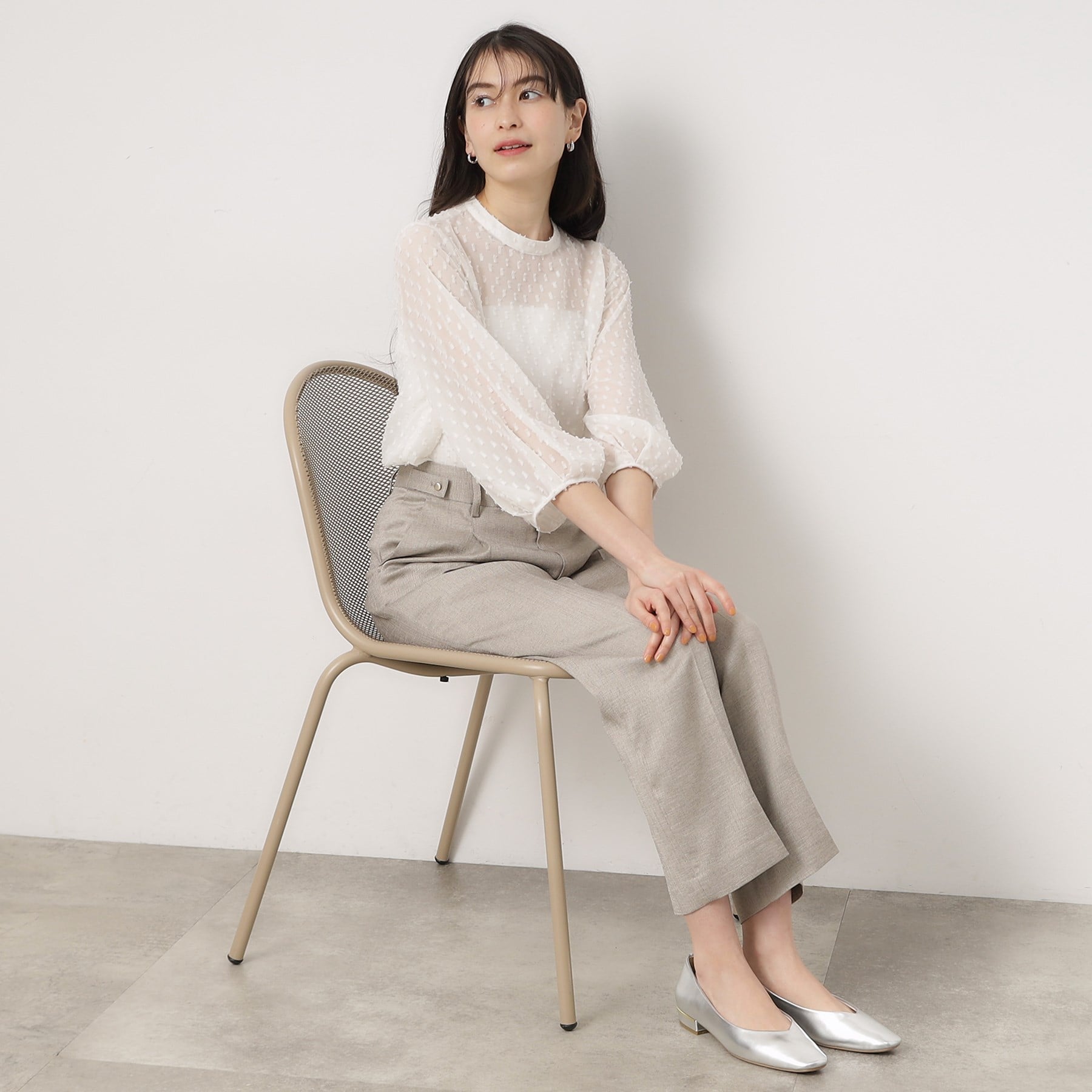 Opaque Dot Clip OPAQUE.CLIP Sheer Fringe Dot Tuck Sleeve Blouse [Machine Washable]